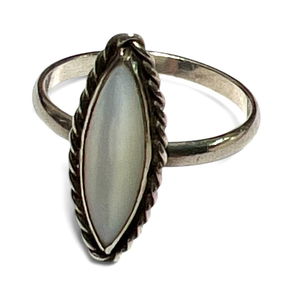Vintage Sterling Silver Moonstone Ring, Marquise Cabochon, Twisted Rope Setting
